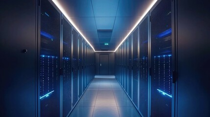 Poster - Symmetrical view of a high-security data center with blue-lit server racks along a clean corridor, perfect for cloud storage, cybersecurity, or digital infrastructure visuals