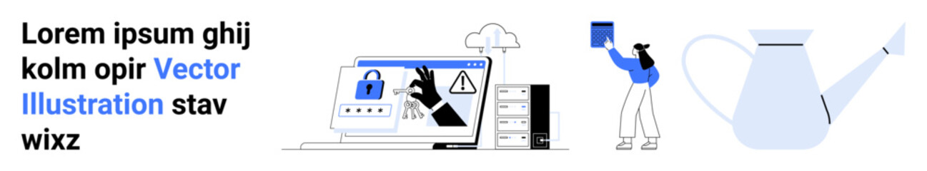 Poster - woman holding watering can to symbolize growth alongside screen depicting cybersecurity risks and so