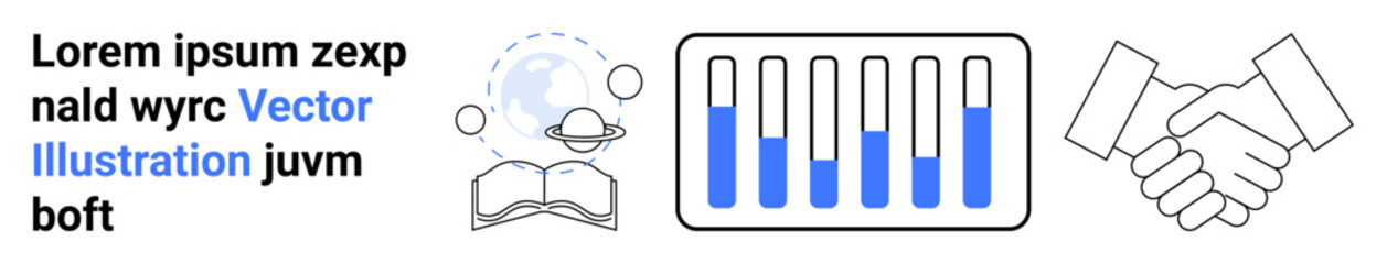 Poster - open book with global connections, bar chart analytics, and handshake symbolizing collaboration, gro