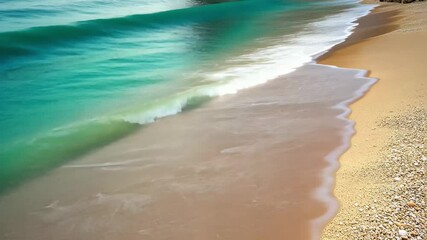 Wall Mural - Calm waves gently lap against the sandy beach of Zakynthos island in the Ionian Sea, Calm sea water rolls to beach of Ionian island Zakynthos in Greece