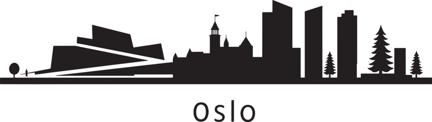 Fototapete - Oslo Norway Skyline Silhouette Vector Illustration with Modern Architecture and Evergreen Trees on a Black Background