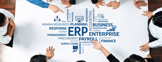 Aufkleber - Aerial view of a business meeting showcasing professionals discussing ERP concepts. Elements like finance, management, and strategy are highlighted for organizational growth. Amity