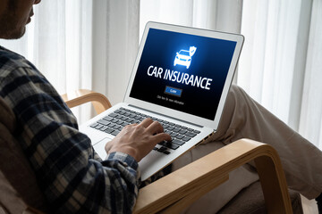 Poster - car insurance online website on computer screen for insure your car damage snugly