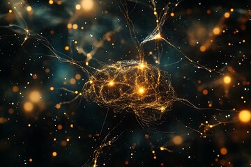Aufkleber - Bioluminescent AI brain structure made of interconnected fibers and luminous particles, dark abstract background 