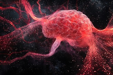 Aufkleber - Bioluminescent AI brain structure made of interconnected fibers and luminous particles, dark abstract background 