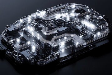 Aufkleber - Electric neon brain-shaped circuit board pulsing with flowing streams of information, dynamic tech vibe 