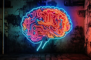 Aufkleber - Electric neon brain-shaped circuit board pulsing with flowing streams of information, dynamic tech vibe 