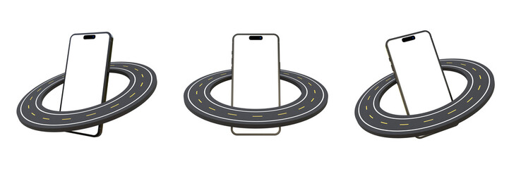 Poster - Başlık: Set of road around the smartphone on isolated background. Set of blank screen phone and circle asphalt road mock up.