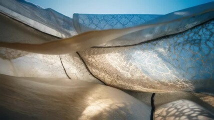 Poster - Sunlight filters through the translucent fabric of an inflatable greenhouse, creating a play of light and shadow on the ground, evoking a martian landscape