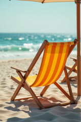 Poster - A beach chair and umbrella sitting on the sand, perfect for a relaxing day at the coast