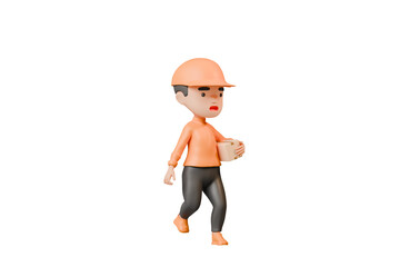 Poster - 3d Delivery courier man in orange uniform running with holding cardboard box icon. Safe delivery of goods concept. People minimal character. Cartoon minimal style. Online delivery concept. 3d render.