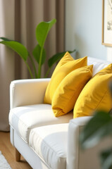 Poster - A comfortable indoor setting with a white couch and two bright yellow pillows