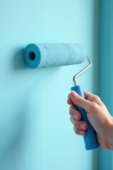 Poster - A person holds a paint roller with a blue handle, ready for painting