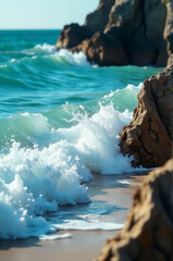 Fototapete - A wave crashes onto the sandy shore of a beach