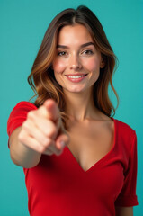 Poster - A woman wearing a bright red shirt points at the camera, with a serious expression
