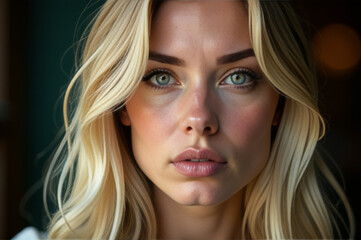 Aufkleber - A portrait of a woman with long blonde hair and blue eyes