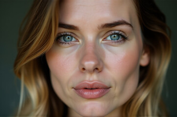 Poster - A close-up portrait of a woman with bright blue eyes