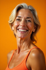 Aufkleber - A woman wearing an orange tank top smiles directly into the camera lens