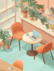 Aufkleber - Cozy Cafe Interior With Laptop and Cappuccino on a Clean Table in a Sunny Atmosphere