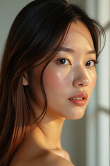 Aufkleber - A beautiful Asian woman with long hair looks directly at the camera