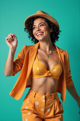 Poster - A woman wearing a bright yellow suit and matching hat, possibly for a formal occasion or celebration