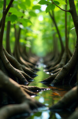 Poster - A serene river flows through a densely wooded area, perfect for nature photography or landscape art