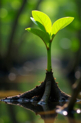 Poster - A small green plant sprouts from the earth, with soil and natural surroundings