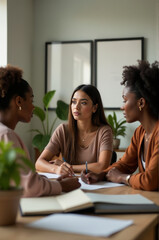 Poster - Group of women seated at a wooden table, possibly for a meeting or discussion
