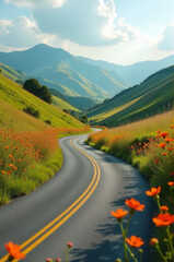 Aufkleber - A winding road surrounded by a field of colorful flowers, suitable for use as a backdrop or illustration
