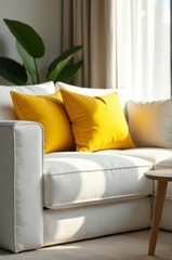 Poster - A comfortable white couch with bright yellow pillows in a cozy living room setting