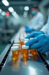 Poster - A scientist in a lab coat and blue gloves holds a bottle, possibly containing a chemical or biological sample