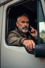 Poster - A truck driver holding a cell phone and speaking while driving a vehicle