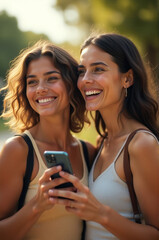 Aufkleber - Two friends smiling while checking their phones