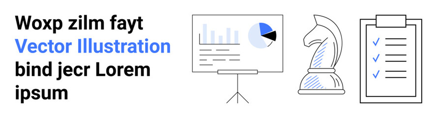 Poster - chart on presentation board with pie graph, knight chess piece for strategy, checklist on clipboard.