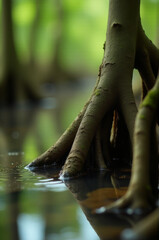 Poster - Close-up of tree roots exposed in water, perfect for environmental or nature-related concepts