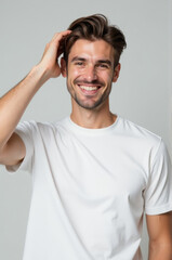 Poster - A person wearing a white t-shirt and smiling, suitable for use as a placeholder or illustration