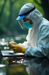 Poster - A person working on a laptop while wearing protective clothing, potentially for hazardous or contaminated environments