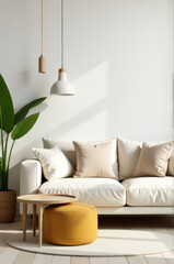 Poster - Cozy living room with a white couch and a yellow ottoman, perfect for relaxation