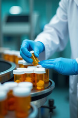 Poster - A scientist wearing a lab coat and blue gloves works in a laboratory setting