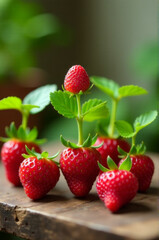 Poster - A bowl of fresh strawberries sits atop a rustic wooden table, perfect for snacking or decorating