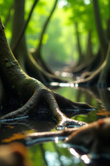 Poster - A close-up shot of a tree trunk submerged in water, with intricate details on its bark and surrounding aquatic life