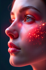 Poster - A close-up shot of a woman's face illuminated by red light, suitable for use in dramatic or romantic scenes