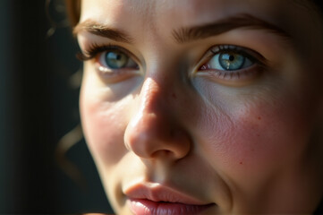 Poster - A close-up shot of a woman's face with bright blue eyes, ideal for use in portraits or beauty products
