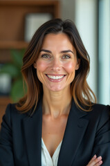 Poster - A smiling woman wearing a black jacket and white shirt, great for editorial or commercial use