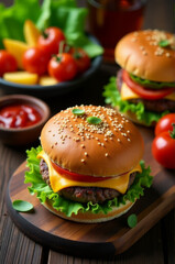 Poster - Freshly prepared cheeseburger ingredients laid out on a clean cutting board, perfect for a quick snack or meal prep