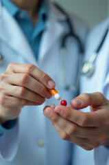 Aufkleber - A person wearing a lab coat holds a pill, possibly for medication or medical research