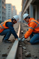 Poster - Two workers building and repairing train tracks