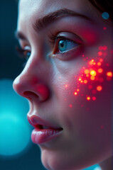 Aufkleber - A close-up shot of a person with a red light shining on their face, suitable for use in photoshooting or as an illustration