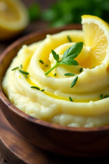 Poster - A bowl of creamy mashed potatoes topped with bright yellow lemon slices, perfect for a comforting meal or as a side dish