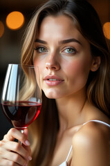 Poster - A woman holding a glass of red wine, perfect for a social gathering or evening event